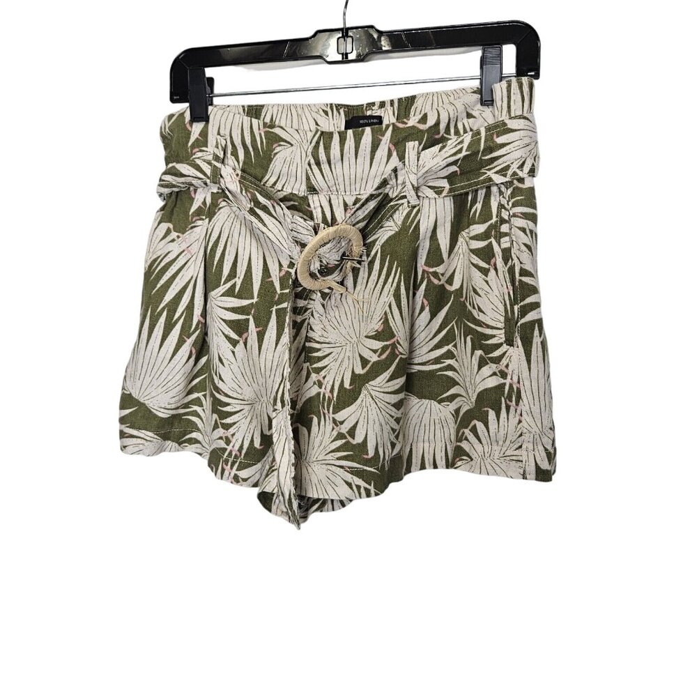 Tahari Womens Green & White Tropical Leaf Print Linen Shorts‎ Belt Pockets L